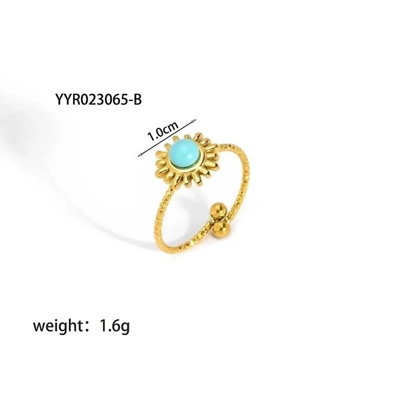 304 Stainless Steel 18K Gold Plated Retro Plating Inlay Water Droplets Turquoise Open Rings