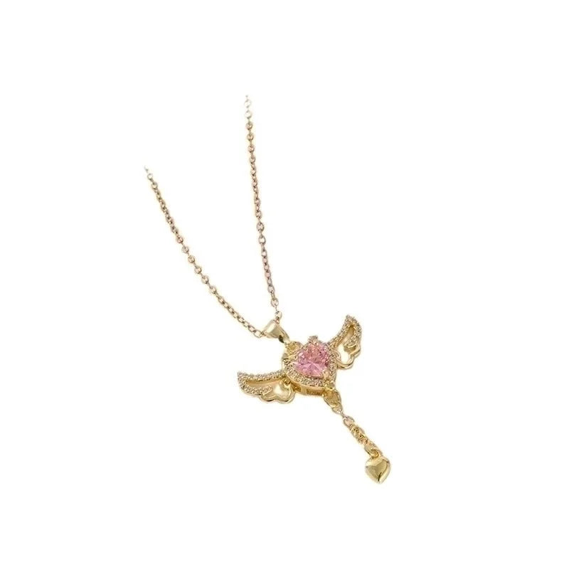 2 Pieces Vintage Style Heart Shape Flower Bow Knot Titanium Steel Copper Tassel Plating Inlay Zircon Pendant Necklace