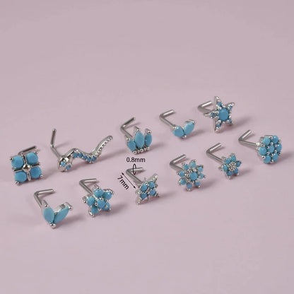2 Pieces Nose Rings & Studs Minimalist Flower 304 Stainless Steel Turquoise Turquoise