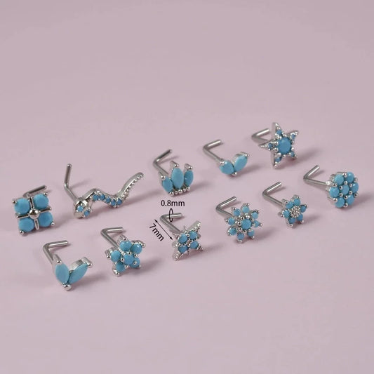 2 Pieces Nose Rings & Studs Minimalist Flower 304 Stainless Steel Turquoise Turquoise