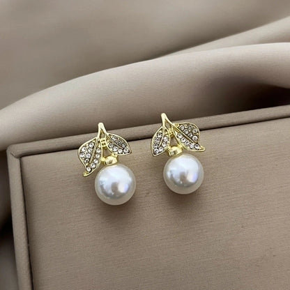 1 Pair Fashion Leaf Flower Bow Knot Imitation Pearl Alloy Rhinestones Earrings