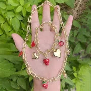 IG Style Cherry Heart Shape Strawberry Copper Zircon 18K Gold Plated Polishing Enamel Plating Bracelets Necklace Jewelry Set