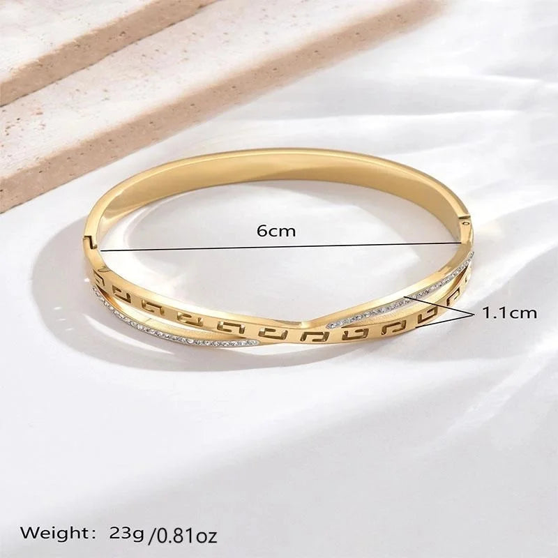Luxurious French Style Life Tree 304 Stainless Steel 14K Gold Plated Rhinestones Bangle In Bulk