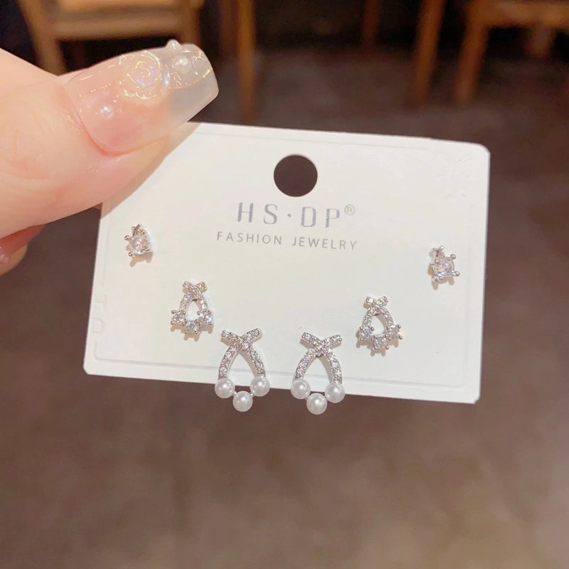 Fashion Geometric Copper Plating Artificial Pearls Zircon Earrings 3 Pairs