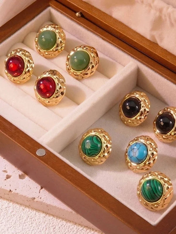 1 Pair Elegant French Style Round Inlay 304 Stainless Steel Artificial Gemstones Natural Stone Ear Studs