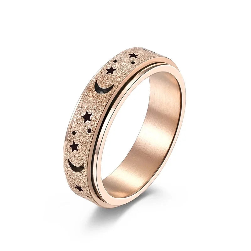 Fashion Frosted Hollow Star Moon Spinning Women's Stainless Steel Ring