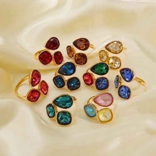 304 Stainless Steel 14K Gold Plated Vintage Style Plating Inlay Geometric Color Block Zircon Open Rings