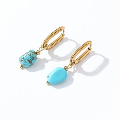 1 Pair Casual Retro French Style Oval Plating 304 Stainless Steel Natural Stone Gold Plated Drop Earrings