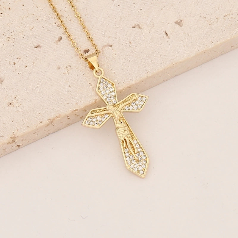 Commute Cross Copper Inlay 18K Gold Plated Zircon Pendant Necklace