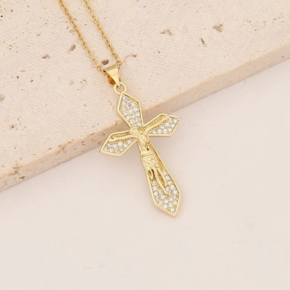 Commute Cross Copper Inlay 18K Gold Plated Zircon Pendant Necklace