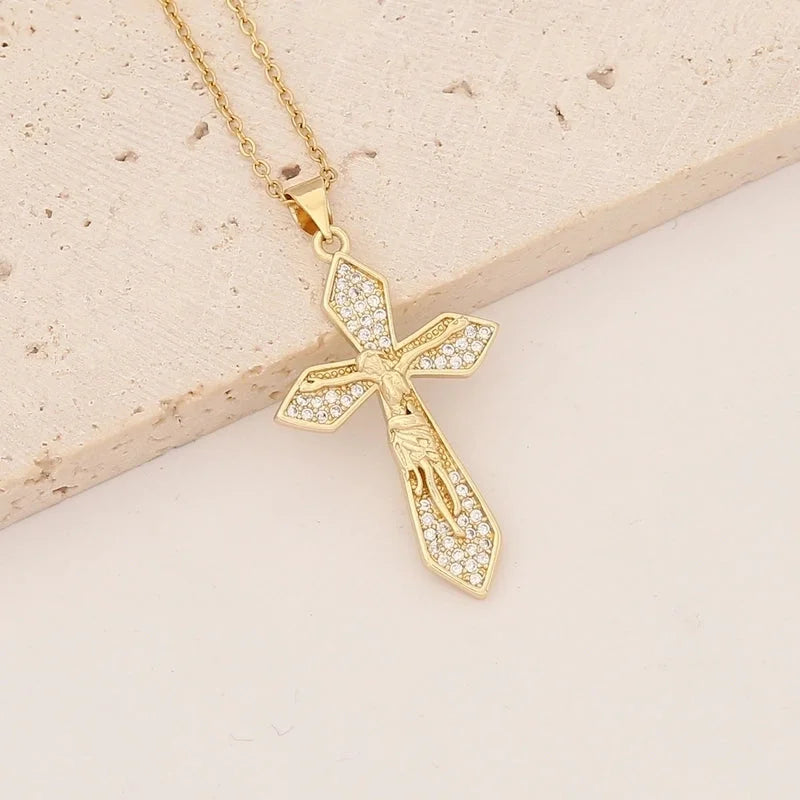 Commute Cross Copper Inlay 18K Gold Plated Zircon Pendant Necklace