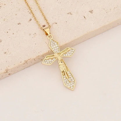 Commute Cross Copper Inlay 18K Gold Plated Zircon Pendant Necklace