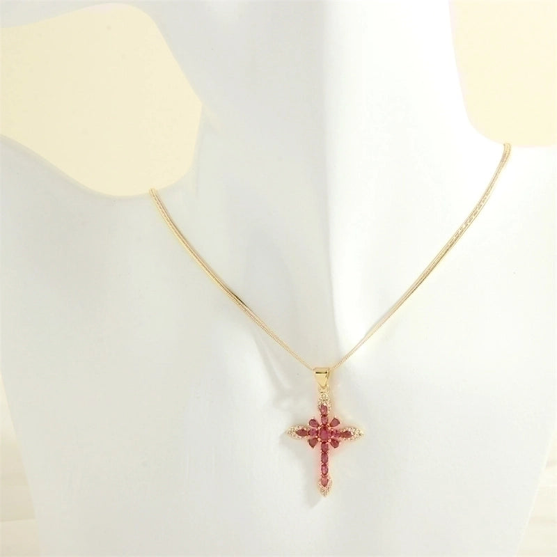 Minimalist Cross Copper 18k Gold Plated Zircon Pendant Necklace In Bulk