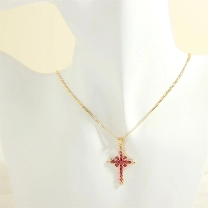 Minimalist Cross Copper 18k Gold Plated Zircon Pendant Necklace In Bulk