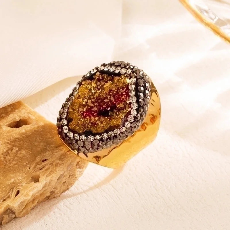 5 Pieces Elegant Retro Irregular Copper Plating Inlay Natural Stone Gold Plated Wide Band Ring