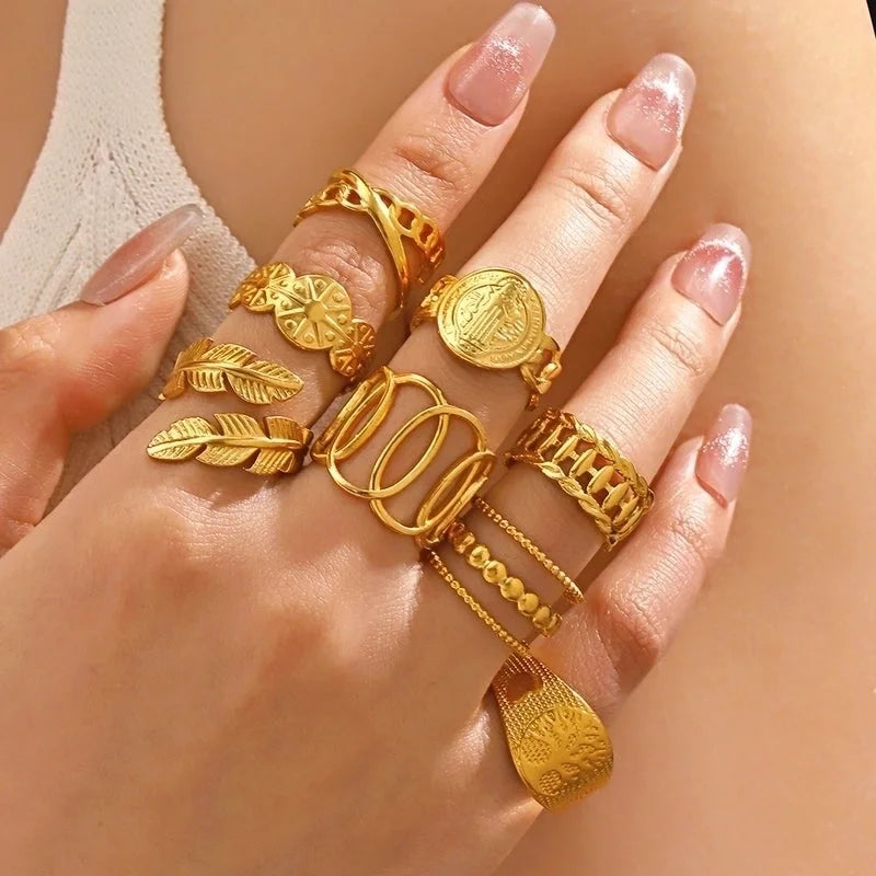 IG Style Leaves Solid Color Lines 304 Stainless Steel 18K Gold Plated Open Rings In Bulk