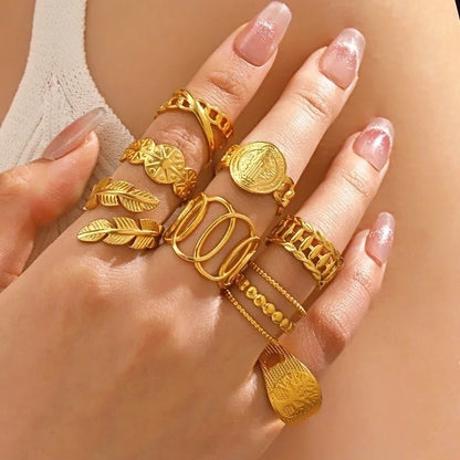 IG Style Leaves Solid Color Lines 304 Stainless Steel 18K Gold Plated Open Rings In Bulk