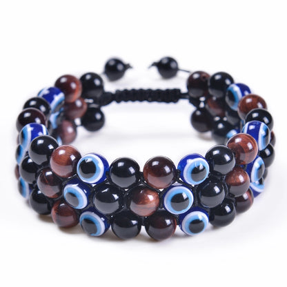 Fashion Bracelet Natural Blue Tiger Eye Handmade Woven Evil Eye Bracelet Men's Three-layer Bracelet