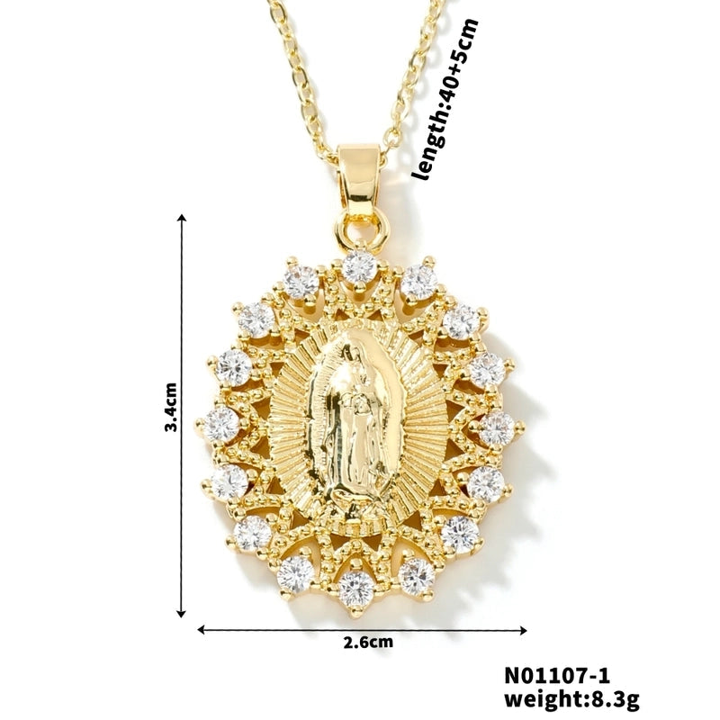 Vintage Style Classic Style Geometric Round Virgin Mary 304 Stainless Steel Copper Zircon K Gold Plated Inlay Pendant Necklace