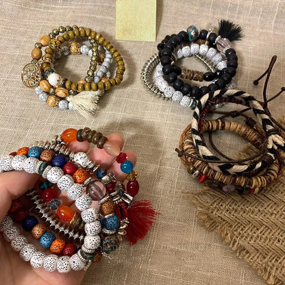 Casual Ethnic Style Round Tree Wings Pu Leather Wooden Beads Bodhi Beaded Braid Women's Bracelets