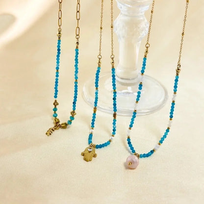 Elegant Geometric 304 Stainless Steel Natural Stone Beaded Chain Cable Chain Pendant Necklace In Bulk