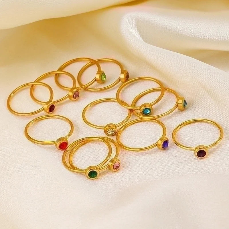 304 Stainless Steel 18K Gold Plated Minimalist Plating Inlay Round Rhinestones Birthstone Rings