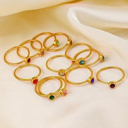 304 Stainless Steel 18K Gold Plated Minimalist Plating Inlay Round Rhinestones Birthstone Rings