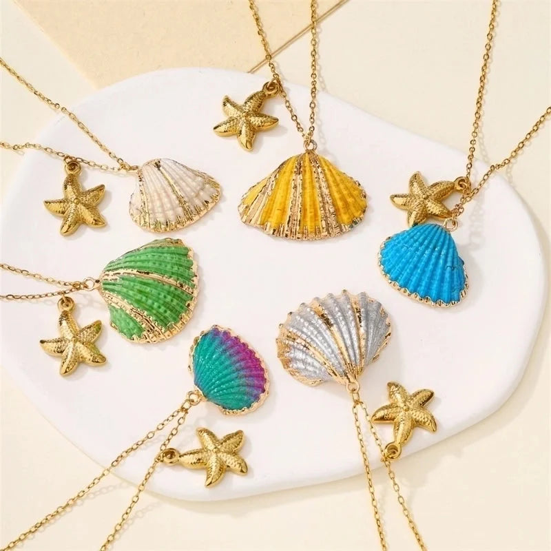 Minimalist Classic Style Shell 304 Stainless Steel Patchwork Inlaid Shell Pendant Necklace