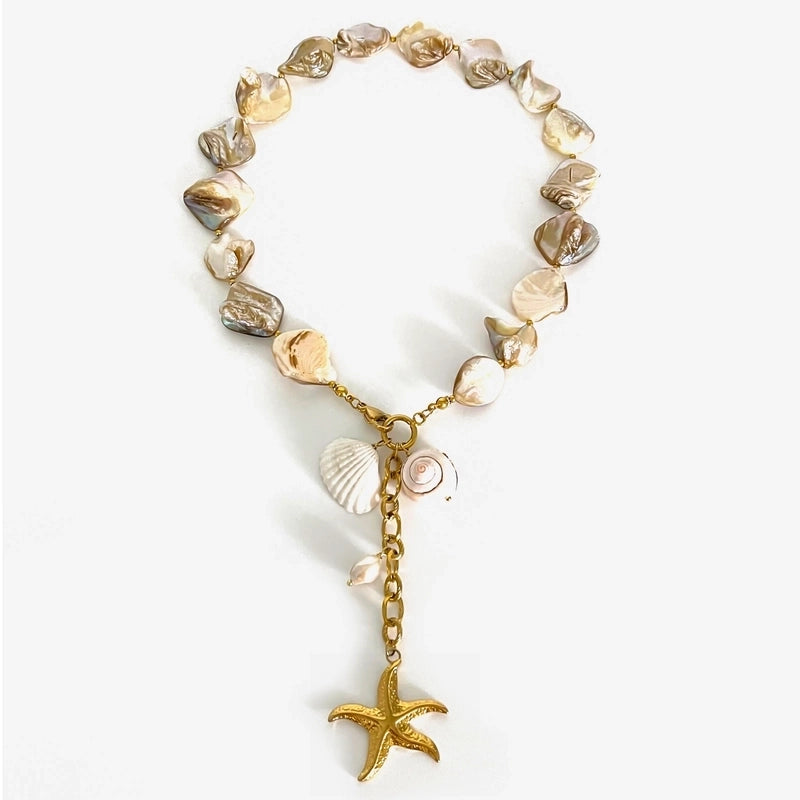 Nordic Style Vacation Marine Style Geometric Starfish Shell 316L Stainless Steel Freshwater Pearl Shell 18K Gold Plated Irregular Pendant Necklace