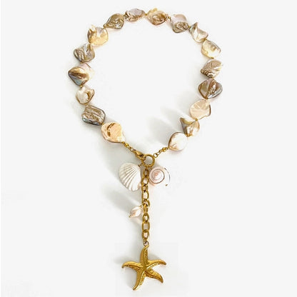 Nordic Style Vacation Marine Style Geometric Starfish Shell 316L Stainless Steel Freshwater Pearl Shell 18K Gold Plated Irregular Pendant Necklace