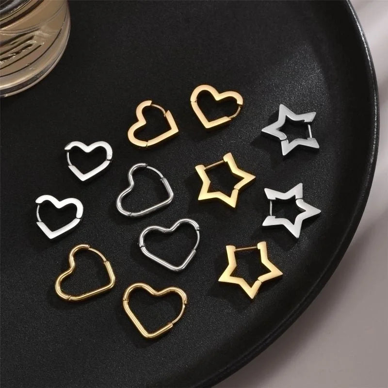 1 Pair Commute Pentagram Heart Shape Polishing Plating Stainless Steel 18K Gold Plated Earrings