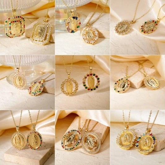 Vintage Style Classic Style Geometric Round Virgin Mary 304 Stainless Steel Copper Zircon K Gold Plated Inlay Pendant Necklace