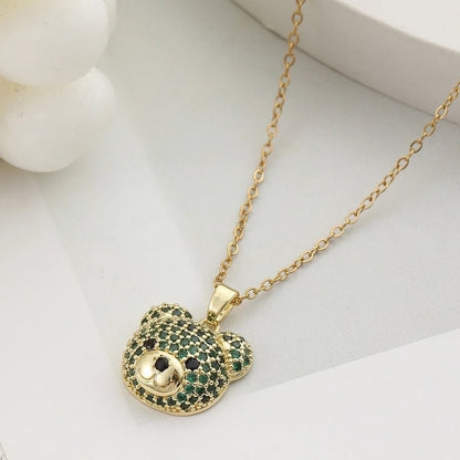 304 Stainless Steel Copper 18K Gold Plated Inlay Bear Zircon Pendant Necklace