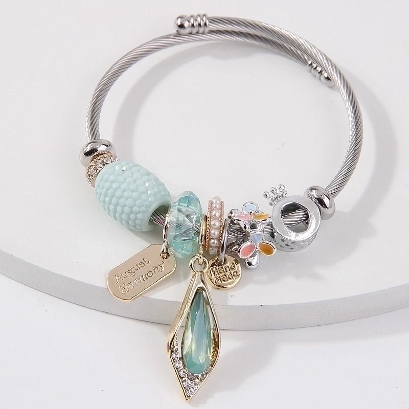 Minimalist Geometric Stainless Steel Alloy Inlay Artificial Pearls Rhinestones Bangle