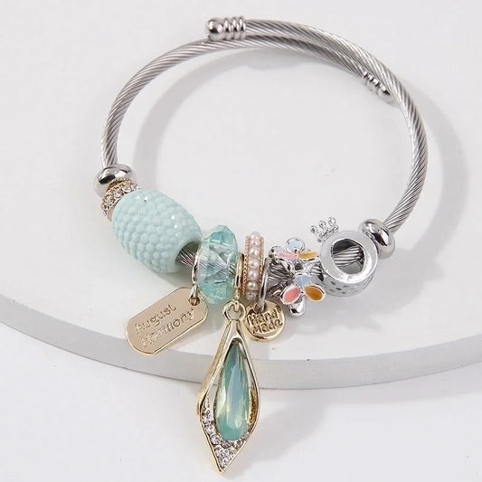 Minimalist Geometric Stainless Steel Alloy Inlay Artificial Pearls Rhinestones Bangle