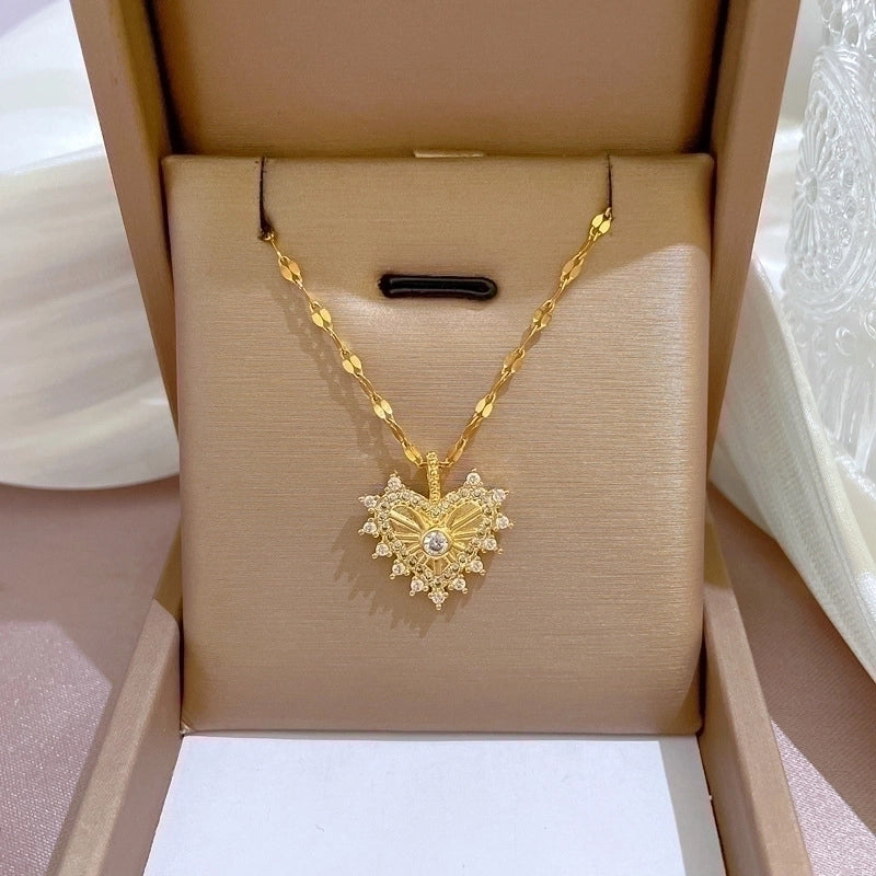 2 Pieces Minimalist Classic Style Geometric Heart Shape Titanium Steel Copper Zircon Pendant Necklace In Bulk