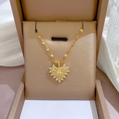 2 Pieces Minimalist Classic Style Geometric Heart Shape Titanium Steel Copper Zircon Pendant Necklace In Bulk