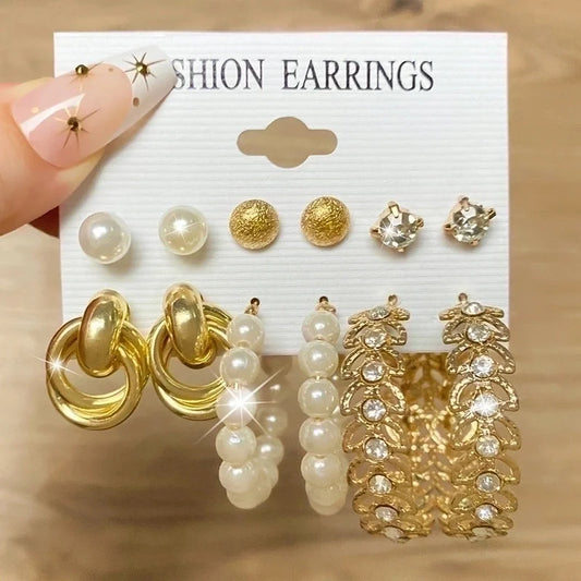 Retro Round Alloy Plating Artificial Pearls Women\'s Earrings Ear Studs 6-piece Set