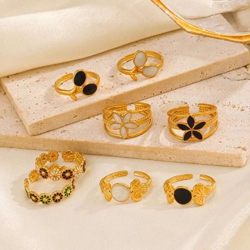 304 Stainless Steel 18K Gold Plated Minimalist Enamel Flower Open Rings