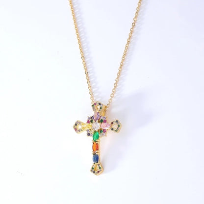 Hip-Hop Retro Cross 304 Stainless Steel Copper Plating Inlay K Gold Plated Zircon Pendant Necklace