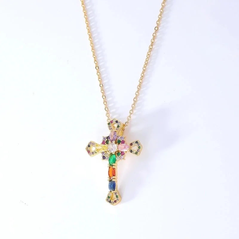 Hip-Hop Retro Cross 304 Stainless Steel Copper Plating Inlay K Gold Plated Zircon Pendant Necklace
