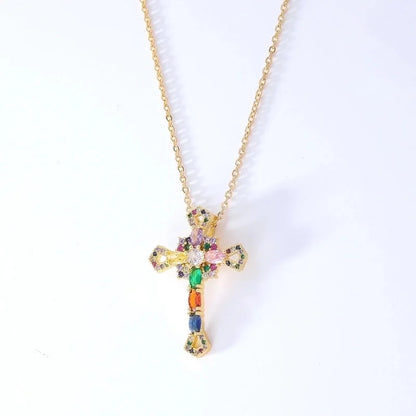 Hip-Hop Retro Cross 304 Stainless Steel Copper Plating Inlay K Gold Plated Zircon Pendant Necklace
