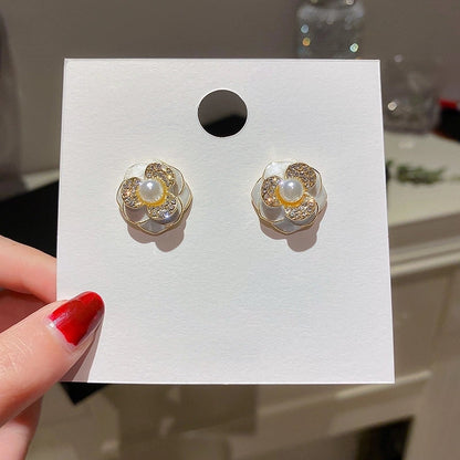 1 Pair Minimalist Flower Copper Enamel Rhinestones Drop Earrings Ear Studs