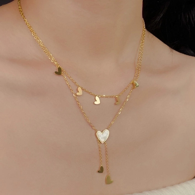 Sweet Minimalist Heart Shape Titanium Steel Plating Inlay Shell 18k Gold Plated Layered Necklaces
