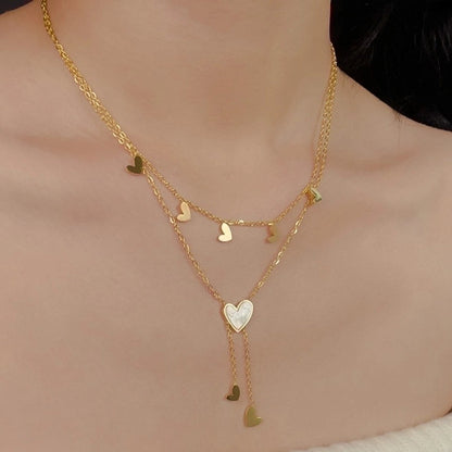 Sweet Minimalist Heart Shape Titanium Steel Plating Inlay Shell 18k Gold Plated Layered Necklaces