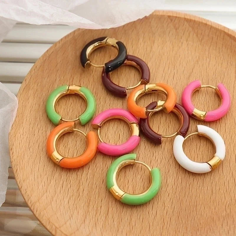 1 Pair Minimalist Round Enamel Plating 304 Stainless Steel 18K Gold Plated Hoop Earrings