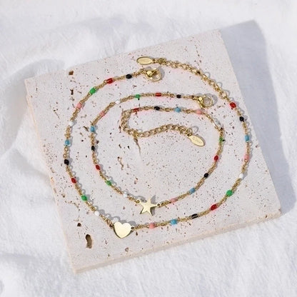 Fashion Pentagram Star Heart Shape 201 Stainless Steel Beads 18K Gold Plated Beaded Plating Anklet