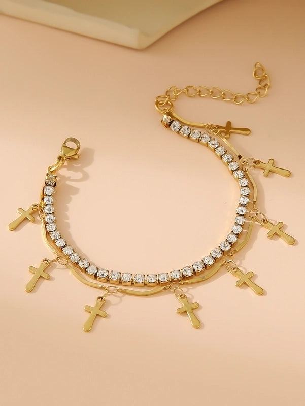 Elegant Glam Cross Star Leaves 304 Stainless Steel 18K Gold Plated Rhinestones Stainless Steel Bracelets In Bulk