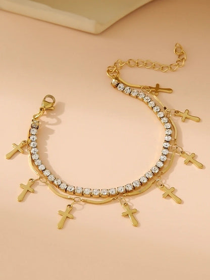 Elegant Glam Cross Star Leaves 304 Stainless Steel 18K Gold Plated Rhinestones Stainless Steel Bracelets In Bulk