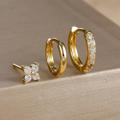 3 Pieces Set IG Style Minimalist Shiny Geometric Inlay Copper Zircon Earrings